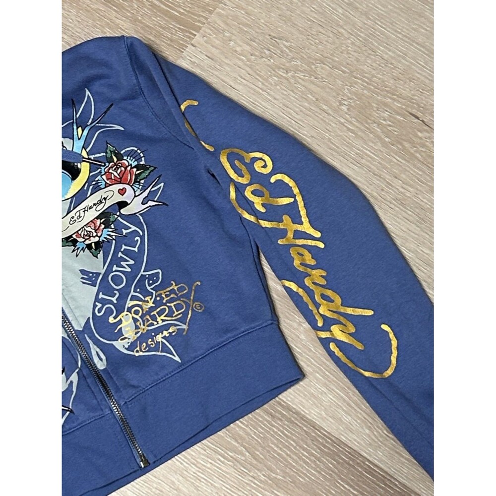 Ed Hardy Free Bird Cropped Zip Up Graphic Front and Back Hoodie sz Medium - Picture 8 of 8